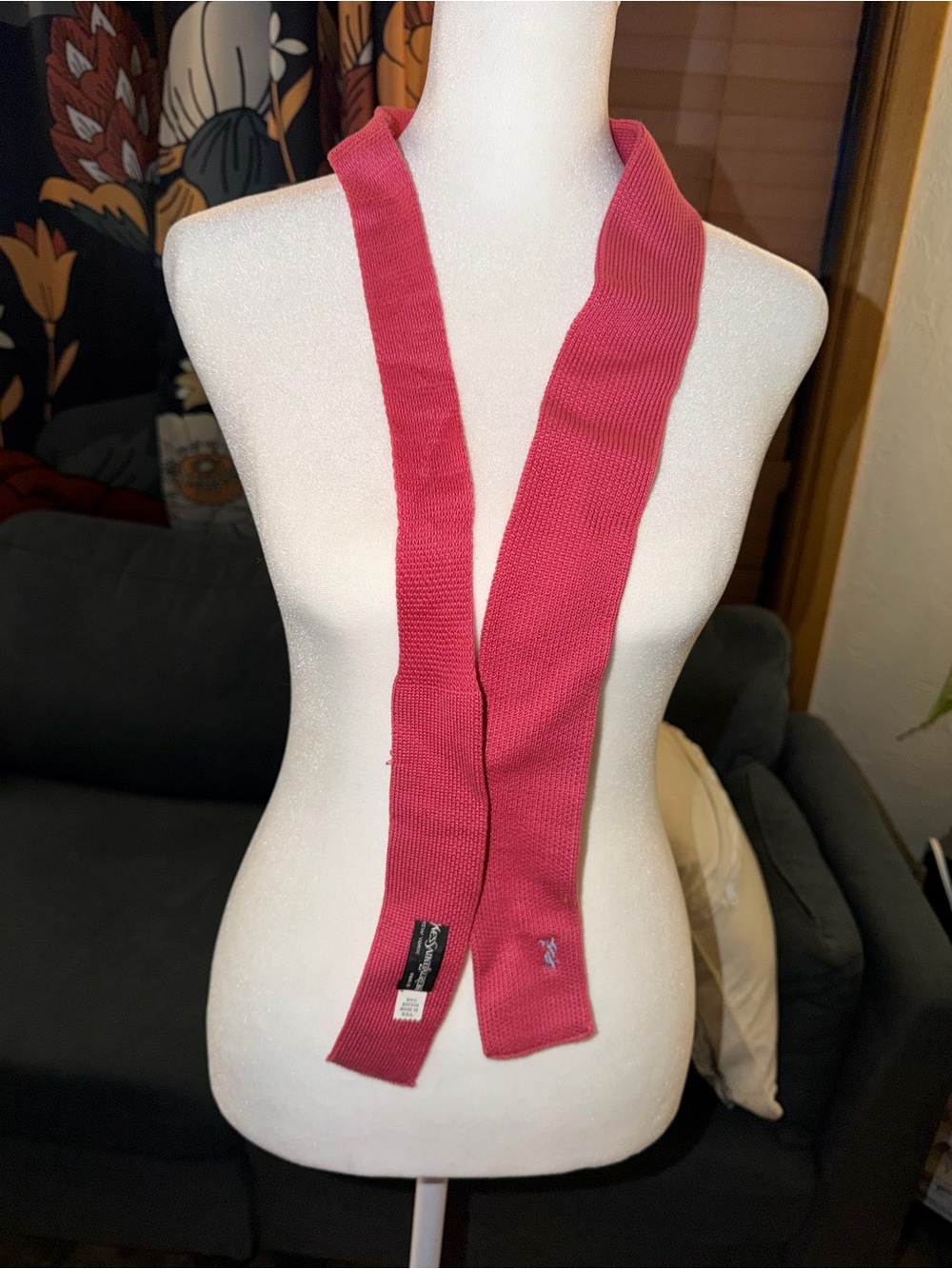 Yves Saint Laurent YSL Pink Knit Cotton Logo Rectangle Scarf neck tie unisex